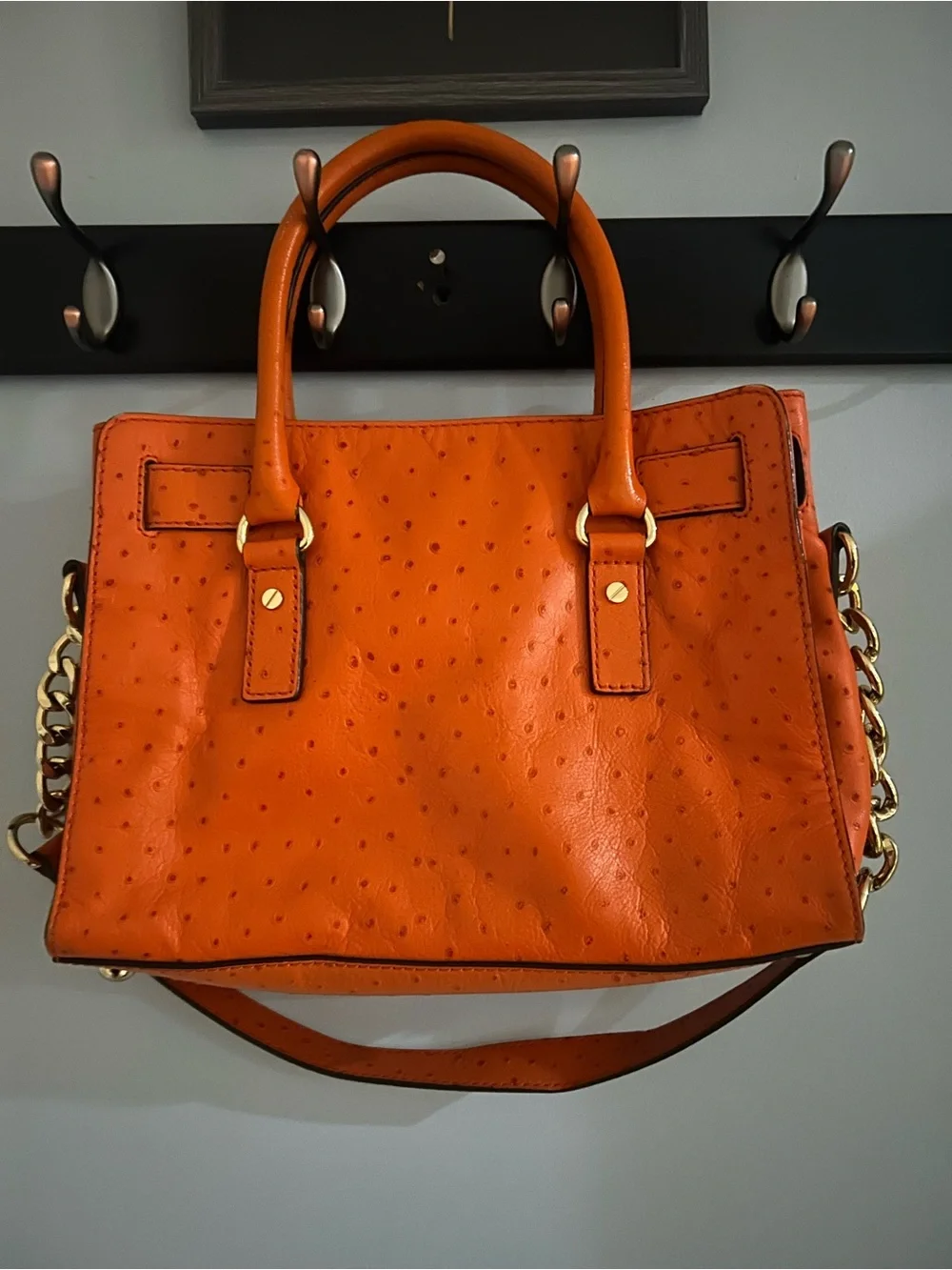 Michael Kors Orange Textured Leather Satchel with Gold-Tone Lock